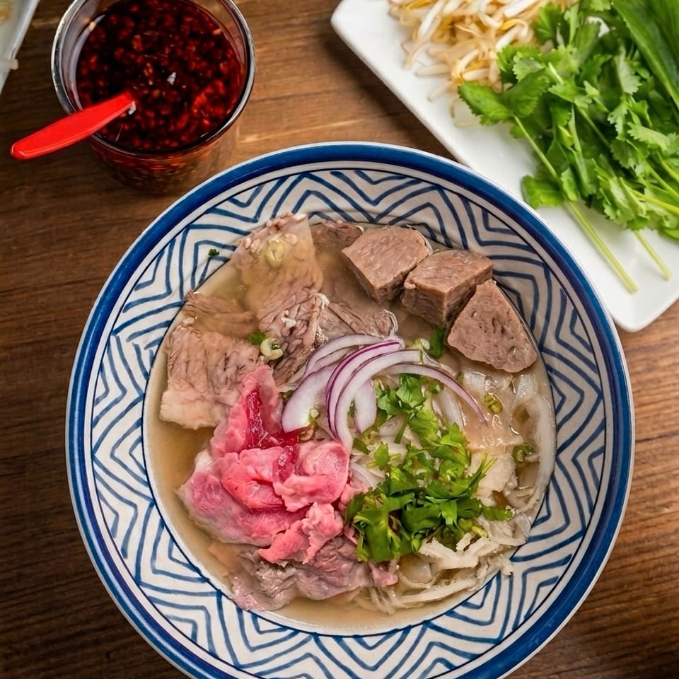 Vietnamese beef noodle soup topped with sliced beef, meatballs, herbs, onions, and pickled vegetables, served with chili sauce and fresh greens.